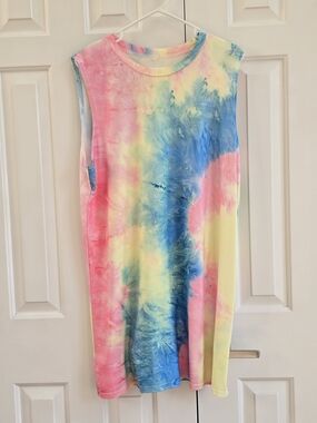 Source Unknown Sleeveless Tie-Dye Swim Coverup in Pink, Blue & Yellow